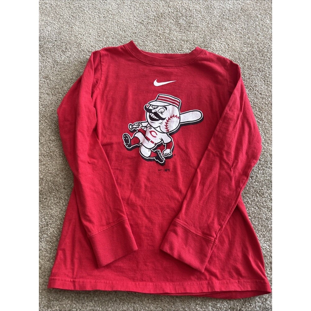 NIKE MLB CINCINNATI REDS Longsleeved Shirt RED WHITE Youth Small Mr. Redlegs